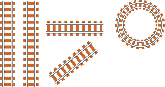 Vector set of train tracks in various formations, including straight sections, angled perspective, and a circular loop, symbolizing railway infrastructure and travel.