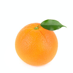 Single Fresh Orange with a Bright Green Leaf on White