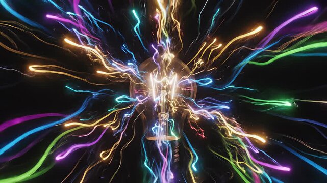 Lightbulb shining brightly with vibrant colors against a dark background, perfectly embodying illumination and innovation, evoking creativity and technological advancement.