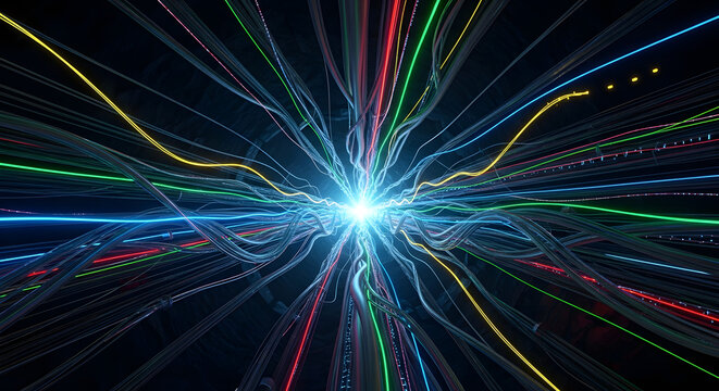 Abstract technology background with glowing light trails and data streams in cyberspace