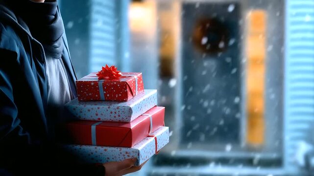 Faceless silhouette of a person holding a stack of red and white gift boxes in front of a softly lit door, blurred snowflakes, with copy space.