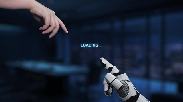 A captivating representation of technology advancement featuring a robotic hand and a human hand interacting with a loading timeline from 2025 to 2026. Synapse