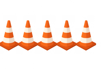 Traffic cones in a row symbolizing construction, roadwork, and safety, with caution barriers on a transparent background
