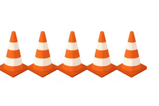 Traffic cones in a row symbolizing construction, roadwork, and safety, with caution barriers on a transparent background