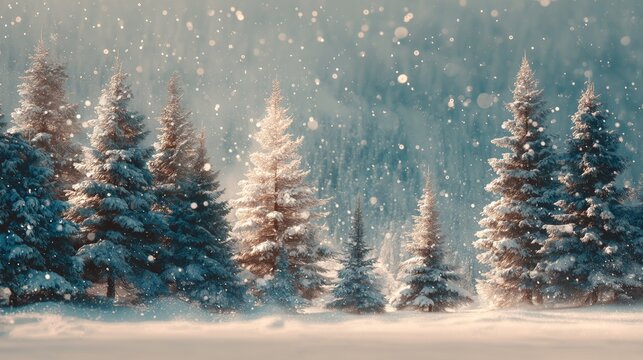 Snow-covered evergreen trees in a serene winter landscape with soft falling snowflakes - Powered by Adobe