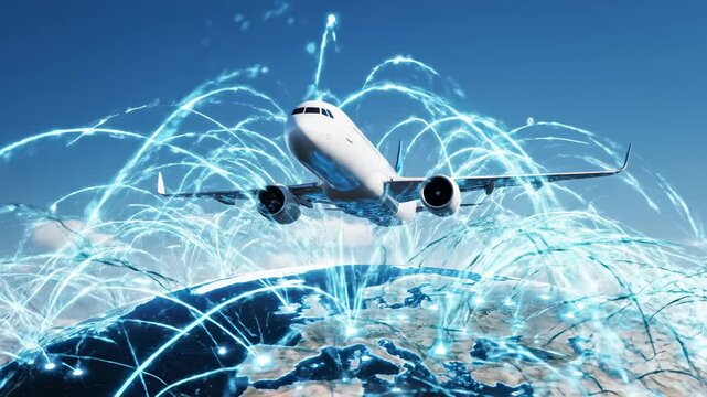 Futuristic visualization of a passenger airplane flying above a rotating planet earth, showing a complex network of glowing blue lines representing global flight paths and data connections