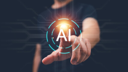 Close-up of a hand touching a glowing AI interface circle with digital circuit lines, representing artificial intelligence activation, futuristic technology, innovation, smart digital interaction.