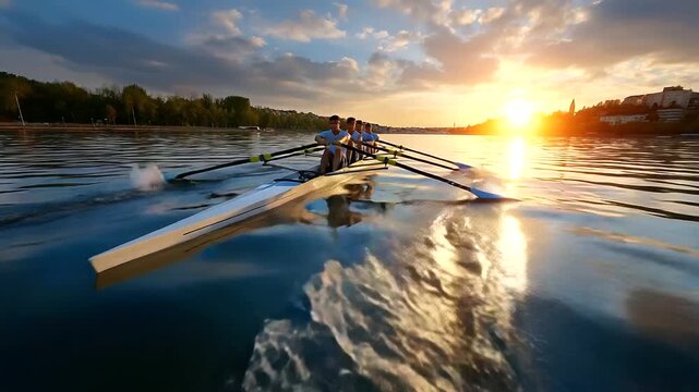 Regatta team rowing in perfect sync as they cross the finish line, water splashing under golden sunlight, teamwork and triumph concept, with copy space.