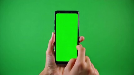 Person's hands holding a smartphone with a vibrant green screen for easy customization