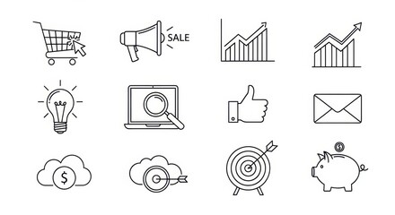 A collection of minimal black and white linear icons representing various business themes and