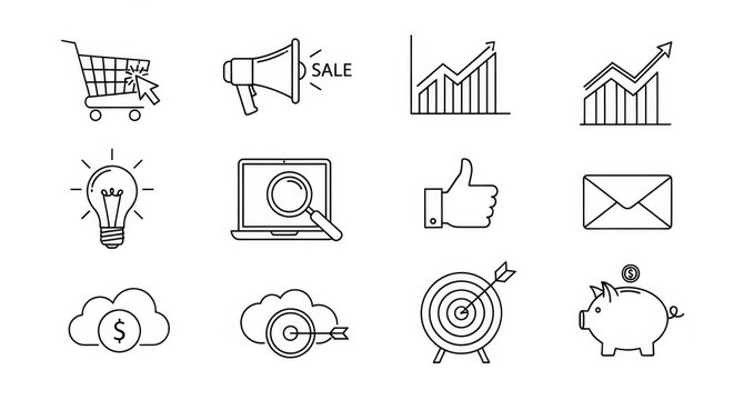 A collection of minimal black and white linear icons representing various business themes and
