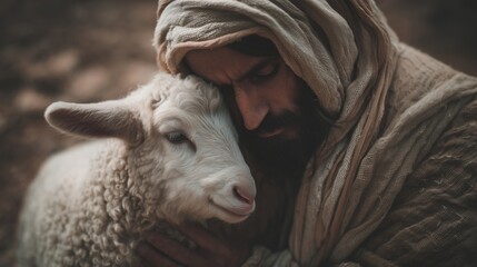 Fototapeta premium Jesus comforts a lamb while reflecting on love and compassion in a tranquil setting