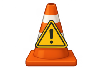 Orange traffic cone with white stripes and triangular yellow danger warning sign, indicating caution, construction, and alert status