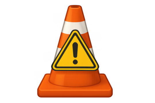 Orange traffic cone with white stripes and triangular yellow danger warning sign, indicating caution, construction, and alert status