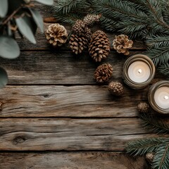 Cozy Christmas flat lay with pinecones and candles on rustic wooden background with copy space