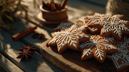 Beautifully decorated gingerbread snowflake cookies on rustic wooden board with festive spices
