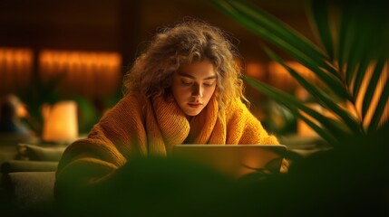Focused young woman in cozy sweater working on tablet in relaxing and warm evening atmosphere