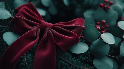 Luxurious red velvet bow on elegant Christmas wreath with eucalyptus and festive red berries