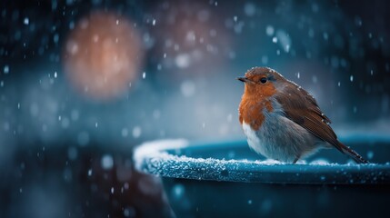 Beautiful European robin perched in the falling snow with magical bokeh background in winter