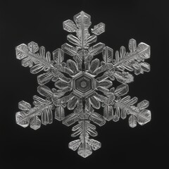 Real snowflake with stunning intricate details and perfect hexagonal symmetry on dark background