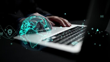 This image showcases a person typing on a laptop, with a glowing digital globe and connectivity icons, symbolizing modern technology and global communication. Xenic - Powered by Adobe