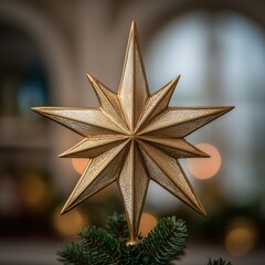 Elegant gold Christmas star tree topper with beautiful textured finish and festive bokeh lights