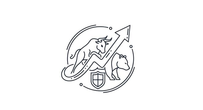 Financial market dynamics illustrated with bull and bear symbols in a stylized graph outline - Powered by Adobe
