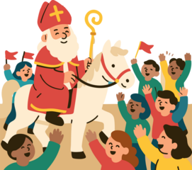 A cheerful flat-style illustration of Sinterklaas riding a white horse while excited children wave and celebrate around him with festive red flags.