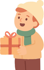 A smiling boy in winter clothes holds a wrapped gift with a red ribbon.