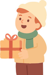 A smiling boy in winter clothes holds a wrapped gift with a red ribbon.