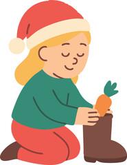 A smiling child in festive clothing kneels down to place a carrot into a boot as part of a traditional Sinterklaas celebration ritual.