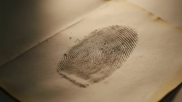 Cinematic macro shot showing a black fingerprint on a page of an old book or document, suggesting a clue being examined during a police investigation or forensic analysis of a crime scene