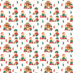 Obraz premium A festive seamless pattern featuring children preparing their boots with carrots and letters by the fireplace, surrounded by colorful holiday stockings.