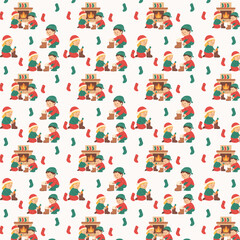 Obraz premium A festive seamless pattern featuring children preparing their boots with carrots and letters by the fireplace, surrounded by colorful holiday stockings.