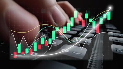 A close-up view of hands typing on a keyboard with an overlay of stock market charts and graphs illustrating growth, investment data, and financial analysis. Copula - Powered by Adobe