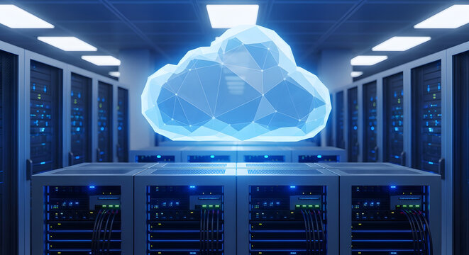 Cloud computing server room with digital cloud icon hovering over the server racks