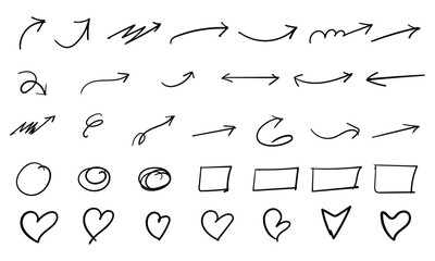 Hand drawn arrows, circles, squares and hearts isolated on white background, a set of doodle elements for creative design projects