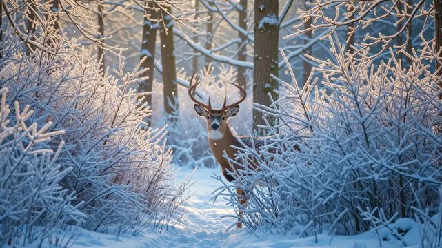 A majestic stag with large antlers in a snowy winter forest. Male deer standing on a path surrounded by frost-covered trees. Animated wildlife scene