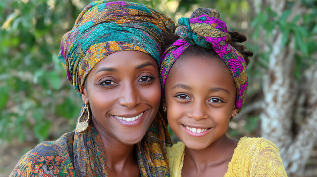African mother and daughter wearing traditional head wraps, smiling outdoors with natural background