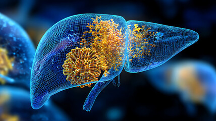 Medical 3D Wireframe Liver with Viral Infection Representation and Digital Background