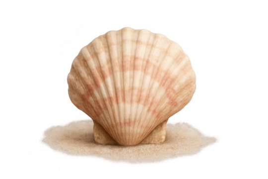 Scallop seashell standing on sand, marine mollusk concept, summer vacation and beach themes, transparent background