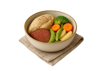 Bowl of hearty beef stew with potatoes, carrots, broccoli and bread roll on beige napkin