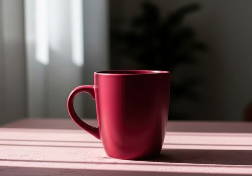 A solitary red mug bathed in soft morning light on a pink surface