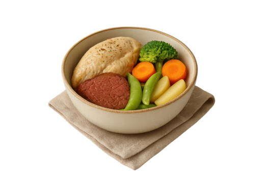 Bowl of hearty beef stew with potatoes, carrots, broccoli and bread roll on beige napkin