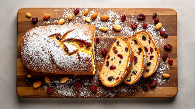 A sliced Christmas Stollen fruitcake with almonds on a wooden cutting board