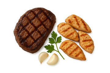 Grilled steak with roasted potato wedges, garlic cloves, and parsley garnish