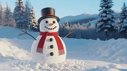 Happy snowman with black hat and red scarf in a snowy winter forest landscape