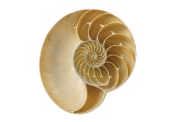 Nautilus shell cross section revealing logarithmic spiral, growth geometry, and golden ratio on transparent background