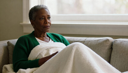Pensive senior African American woman sitting on a couch at home. Lonely elderly woman wrapped in a blanket feeling sad. Concept of aging, solitude and mental health
