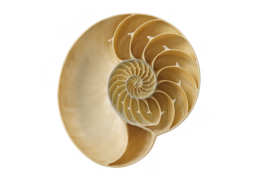 Nautilus shell cross section revealing logarithmic spiral, growth geometry, and golden ratio on transparent background